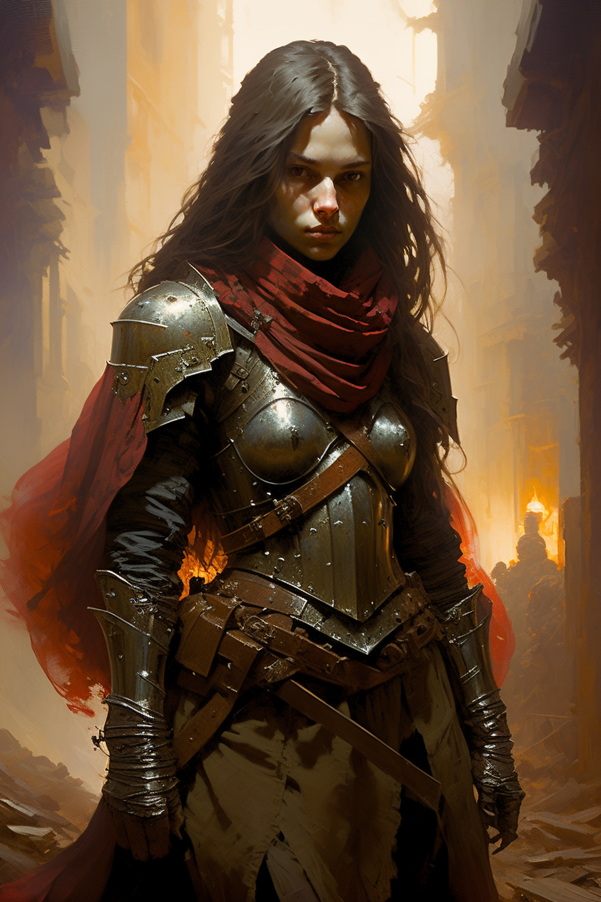A female warrior in medieval armor with a red scarf, holding a sword and wearing a belt.