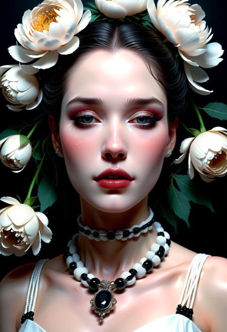 Inspired by Mike Mignola, 1 female,beautiful, wrapped in beads, peonies, languor, softness, half smile, soft light, tenderness, seduction, the greatest quality, best facial details
futurism, 2d