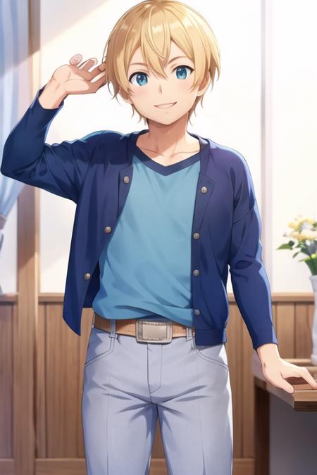 <lora:eugeo:0.6>, 1boy, eugeo, looking at viewer, standing, cowboy shot, full body, smiling