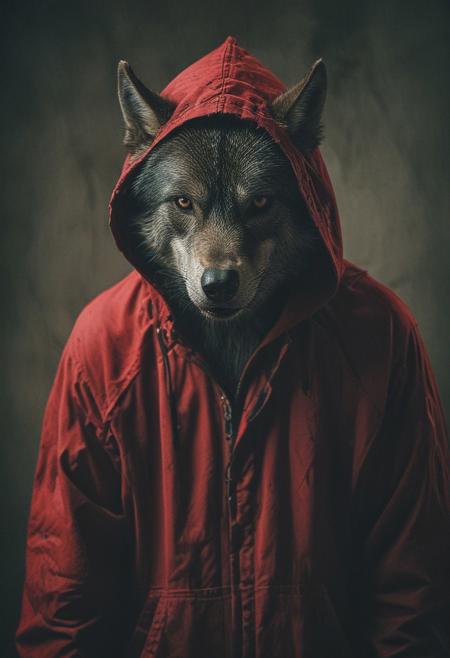 a mad wolf beast in red hood clothing, studio background, high-contrast palette, subtle grain, cinematic quality, modern art photograph