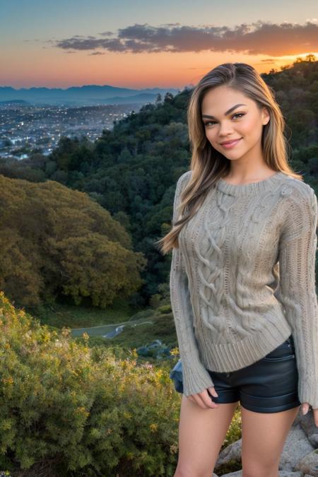 photo of S140_AthenaFaris, a beautiful woman, standing on a (hillside:1.2) (slope:1.2), (forest-landscape:1.2), (forest-view:1.2), wearing a (knitted-sweater:1.2), (sunset:1.1), (8k, RAW photo, best quality, depth of field, ultra high res:1.2), (absurdres, intricate, photorealistic, masterpiece, ultra-detailed:1.3)