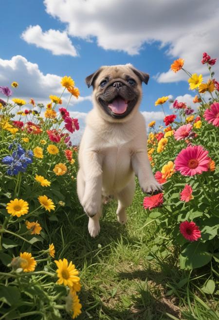 Highly detailed photograph of a pug puppy leaping through the air above a field of colorful flowers. Floppy ears, big eyes, very cute, very happy, joyful. Blue sky with fluffy clouds. Bright sun, god rays.