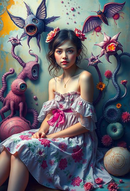 Dreamlike surreal imagery, bright vibrant colors. Lively, energetic scene, featuring fantastical elements and bizarre details. A young woman in a delicate floral dress, seated against a painterly background.