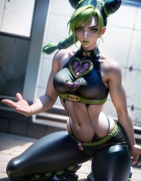 perfect face, perfect body, 4k, anime artwork, ((masterpiece)) illustration of kujo_jolyne, 1girl, ((solo)),  double_bun, braided_ponytail, green_lips, green_hair, two-tone_hair, halterneck, sleeveless_shirt, clothed, pants, string,  fullbody,  midriff, (extremely detailed, hyper detailed), (((intricate details))), soft lighting , in sakistyle, fighting, amazing colors , jojo_no_kimyou_na_bouken<lora:kujojolyne-000001:0.9>   <lora:sakimiChanLora_v10:0.9>