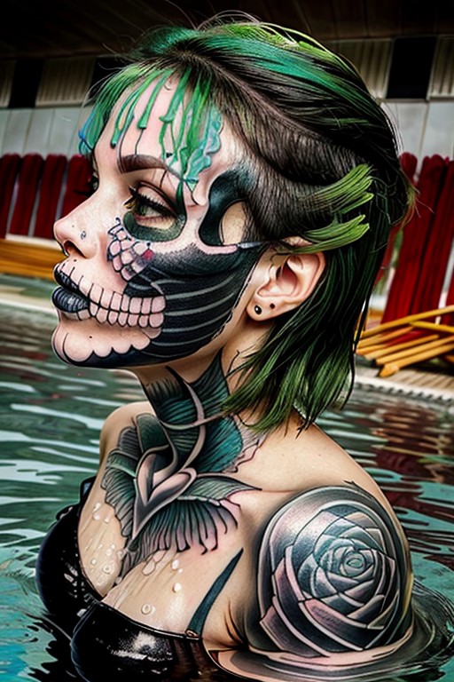 green hair woman, huge ttattooz everywhere on her  skin   at the pool swimming in water,  huge tattoo ttattooz on complete...