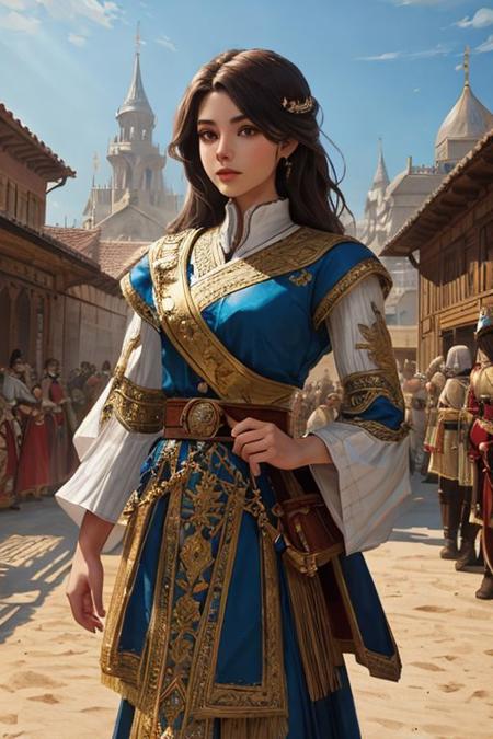 female Royal guard.  Painting, vintage epic painting, sunlight natural lighting accent lighting, sharp complex picture intricate scenery trending on ArtStation post-processing intricate details