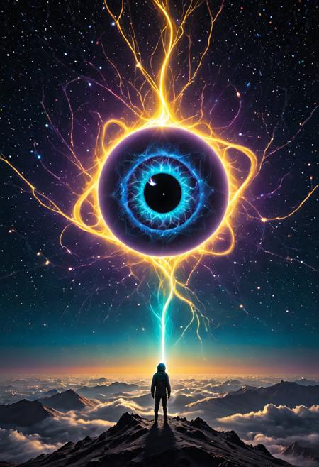 mmasterpiece, best quality, ultra-detail, extremely aesthetic, absurdres, high-quality cinematic, dynamic lighting, vivid and rich colors, ethereal glow, mystical light, dreamlike atmosphere, surreal elements, otherworldly landscapes, transcendental serenity, shimmering particles, grand scale, expansive landscape, atmospheric depth, dramatic background lighting,
A lone figure in a futuristic spacesuit (with Lucifer006's ethereal quality) drifts in the vast cosmos, slowly extending a hand towards a distant floating island enveloped in nebular light. **Color palette: Deep space blues, cosmic purples, stardust yellows, bright star-like glows, and swirling nebular patterns.** **Style: Awe-inspiring, serene, vast, cosmic, realistic astronomical photography, ethereal ambiance.** The immense and mysterious "Cosmic Eye" in the background, with its glowing pupil, seems to gaze back. Countless stars twinkle, conveying the vastness of the universe and human insignificance.
