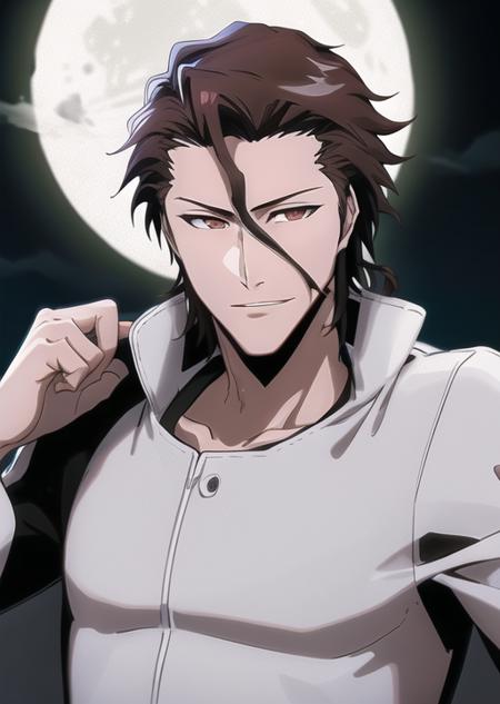 vslinx_aizen, 1boy, masterpiece, \(8k, RAW photo, best quality, masterpiece:1.2\), \(realistic, photo-realistic\) <lora:bleachAnimeStyleLora_offset:1>, bleach style, pitch black background, bright illuminating white moon in the back, smiling, mischievous