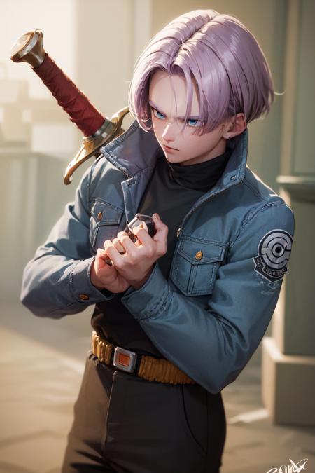 (masterpiece, best quality:1.2), <lora:dbz_trunks-10:1>, cowboy shot, solo, male focus, 1boy, trunks \(dragon ball\), serious, closed mouth, purple hair, blue eyes, jacket, shirt, pants, sword