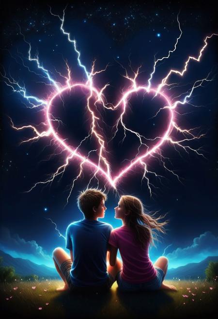<lora:Lightning_SDXL:1>, mad-lgthng, a boy and a girl with arms around each other looking up at the night sky with a heart shaped pink lightning is, back against the camera, sitting on the ground, vibrant colors, magical, heartwarming