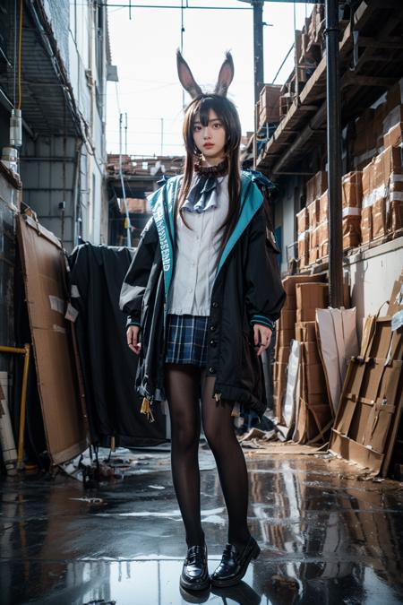 amiya cosplay costume,amiya,arknights,cosplay,long hair,brown hair,hair between eyes,rabbit ears,shirt,plaid skirt,pleated skirt,hooded jacket,coat,long sleeves,clothes writing,frilled ascot,anklet,thighlet,multiple rings,pantyhose,black pantyhose,black shoes