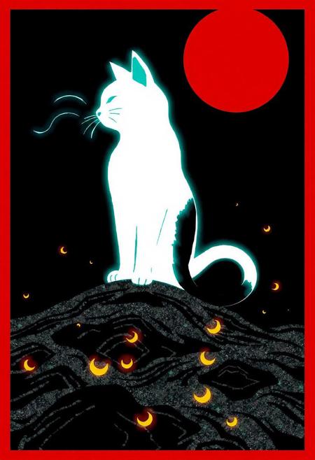 JNANX,luminous white silhouette,cyan glow,emerald highlights,flickering outline,dreamlike movement,rippling colors,drifting embers,infinite black background,psychedelic colors,ethereal,futuristic surrealism,gw,glowing,night,night sky,trippy,
"A stylized illustration of a white and black cat standing on a textured black and white ground, with a large red circle in the upper right corner and small yellow crescent shapes scattered among the black elements. The overall style is reminiscent of traditional Japanese or Korean art, with bold outlines and flat colors. The image has a red border