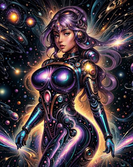 (best quality, masterpiece, realistic, detailed), cyber enhanced female cyborg wearing (navy blue cosmic glam bodysuit:1.1) (glimmering galaxy leggings with space odyssey hues:1.1), solo, full body, golden seams, side view, standing, legs spread apart, (lavender sparkle color background:1.3), nebula background, petite body, hourglass figure, large breasts, mg_jijia_girl, (machinery:1.1), mecha, glossy, dimly lit <lora:ral-colorswirl-sd15:1> ral-colorswirl