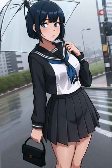 <lora:mrpotatoparty:.65>, mrpotatoparty, masterpiece, best quality, 1girl, rain, umbrella, holding umbrella, skirt, holding, school uniform, solo, transparent umbrella, transparent, serafuku, looking at viewer, night, sailor collar, outdoors, neckerchief, white neckerchief, blue hair, blue eyes, long sleeves, black hair, short hair, dutch angle, black serafuku, bangs, black skirt, shirt, pleated skirt, city, building, standing