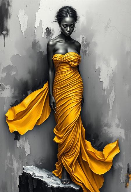 Create this dramatic impasto artwork with a touch of abstract expressionism: a woman with a symmetrical beautiful face, ebony skin, wearing a vibrant, flowing gold dress standing on a perilous-looking cliff edge. The dress has dramatic ruching and draping that accentuates her figure, giving the impression of both elegance and vulnerability. The stark contrast between the woman's striking gold attire and the dark, rocky surroundings creates a sense of tension and drama. The woman's eyes are downcast, adding to the sense of emotional weight and mystery. Overall, the painting evokes a powerful sense of narrative, suggesting a story or emotional state waiting to be explored.
The painting with a focus on detailed textures and dramatic lighting features a monochromatic scheme, primarily with shades of black, white, and gray.