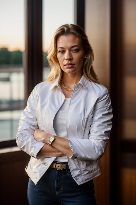 Realistic photo of a beautiful j3r1r-v1 woman,   1girl, solo, long hair, looking at viewer, blue eyes, blonde hair, shirt, jewelry, standing, jacket, white shirt, open clothes, pants, indoors, open jacket, lips, black jacket, black pants, formal, crossed arms, suit, watch, realistic, wristwatch, soft lighting, professional Photography, Photorealistic, detailed, RAW, analog, sharp focus, 8k, HD, DSLR, high quality, Fujifilm XT3, film grain, award winning, masterpiece<lora:j3r1r-v1:1.0><lora:j3r1r-v1:1.0>
