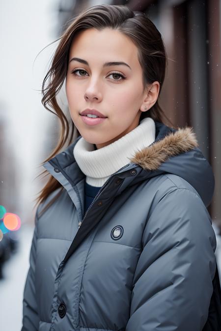 professional portrait photograph of (devbrugman:0.99), in winter clothing, beautiful face, cute natural makeup, afro haircut, wearing elegant winter fashion clothing, ((standing outside in snowy city street)), stunning modern urban upscale environment, ultra realistic, concept art, elegant, highly detailed, intricate, sharp focus, depth of field, f/1. 8, 85mm, medium shot, mid shot, (centered image composition), (professionally color graded), ((bright soft diffused light)), volumetric fog, trending on instagram, trending on tumblr, hdr 4k, 8k, (closeup portrait:1.2)