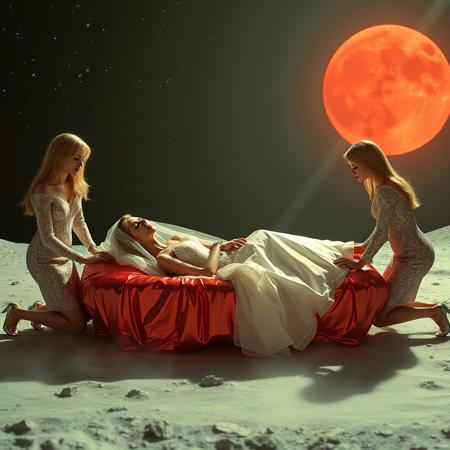 high-society elegant slender norvegian rich innocent young bride wearing glossy silver high heels and glossy transparent slime full skirt  wedding gown with matching long veil, laying in whorish glossy red foil breeding bed in center of alien breeding pad at moon surface, hads cuffed to bed, legs spreaded wide apart  by arrogant ladies wearing  whorish lace gowns and glossy high heels, kneeling at floor over her and lifting her skirt high, eerie fog that wafts up from the fleshy jelly floor, encased in light beams from the  stars, awaiting her alien master, strugging to break free and escape,  dark sky space full of stars, bright red moon, vintage-inspired makeup, long hairs, ultra thin waist, evil grin, porcelain skin, lipstick, red nails, in the style of a haunting, retro-futuristic 1950s sci-fi nightmare, horror,