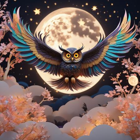 yanzhi,Diffractive Paper Artwork，masterpiece, best quality, high resolution, ultra detailed, dark night,owl, tree,moon，(3d rendering:1.35),Octane render,pastel,