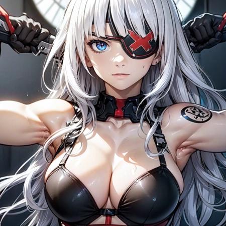 (upper body) <lora:KanaLoRA:1> kana with long white hair and black red eyepatch outfit gloves, tattoo, holding big blades, blue eyes, beautiful eyes, beautiful girl, high detail skin, high detail eyes, high detail hair, highres, ultra detailed, detailed pores, imperfect skin, detailed reflective shiny skin, diffused skin pores,sharpen picture, Highly detailed, masterpiece, best quality,