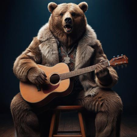 bear playing guitar singing, evang, sitting on a chair, furcoat, evang, detailed face, detailed hair