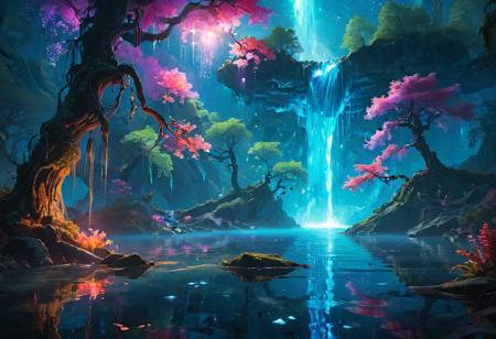 bioluminescent landscape, cascading waterfall, crystal-clear lake, ancient trees, glowing flora, otherworldly atmosphere, vibrant colors, mystical, dreamy, starlight, reflections on water, ethereal, fantasy concept art