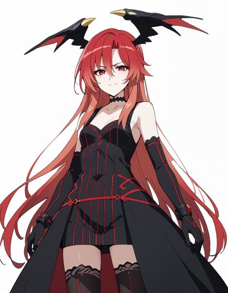 1girl,Lisara, long hair,red hair,very long hair,red eyes,((small breasts,single wristband)) sleeveless shirt,white shirt,(frills),black skirt,short skirt,black thighhighs,rose,bare shoulders Read Captions school uniform,serafuku,green skirt,bow,black thighhighs,pleated skirt