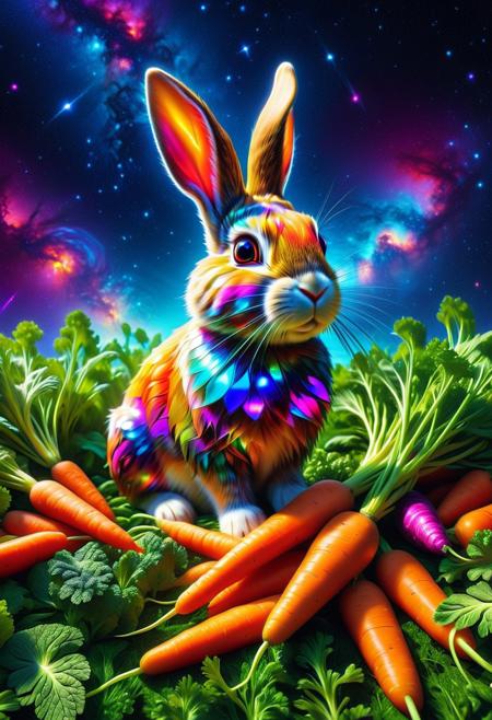 CD Repeat, Masterpiece, best quality, amazing quality, absurd, latest, volumetric lighting, UHD, SFW, vibrant colors, neon, vivid colors, rabbit made of cd's, harvesting magical carrots in the summer heat, exquisite detail, digital art, realistic, highly detail, beautiful, surreal, dramatic, galaxy fantasy colors, No_Humans,