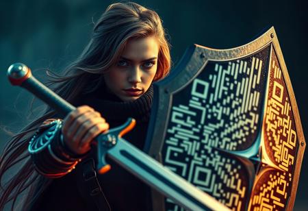 Closeup Portrait, a Long haired Knightess with Sword and a shield resembling a Large QR-Code in fight stance, translucent dark-neon colorful made of grignani lines, a giant bsft boss, volumetric lighting, ultra detailed, deep blacks, crepuscular rays, volumetric lighting, ultra detailed, deep Blacks, very detailed, atmospheric haze, Film grain, cinematic film still, shallow depth of field, highly detailed, high budget, cinemascope, moody, epic, OverallDetail, 2000s vintage RAW photo, photorealistic, candid camera, color graded cinematic, eye catchlights, atmospheric lighting, imperfections, natural, shallow dof
