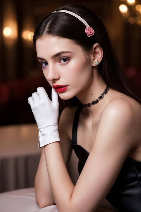 stunning woman, extremely beautiful, 20 years old, petite, delicate face, extremely detailed, photorealistic, hires, blush, rouge, lipstick, cute nose, ribbon, choker, mole, porcelain skin, elegant dress, night club, elbow gloves, ankle bracelet, close up