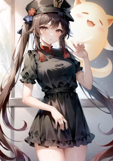 (masterpiece) ,best quality ,hu tao(genshin impact),1girl,boo tao ,hat , twintail , long hair , brown hair
looking at the viewers , solo, casual dress<lora:hutao_nai:0.8>