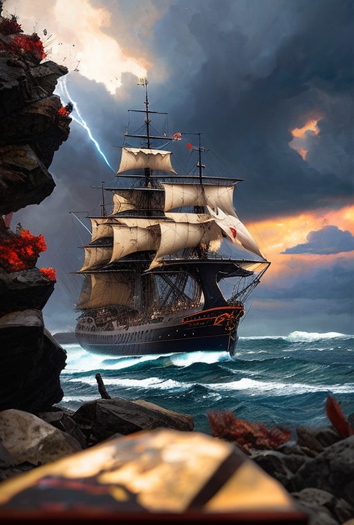 (sails:1.2)
ship, storm, dark sea,
(foreground rocks:1.2), (insanely detailed, bloom:1.5), (highest quality, Alessandro Ca...