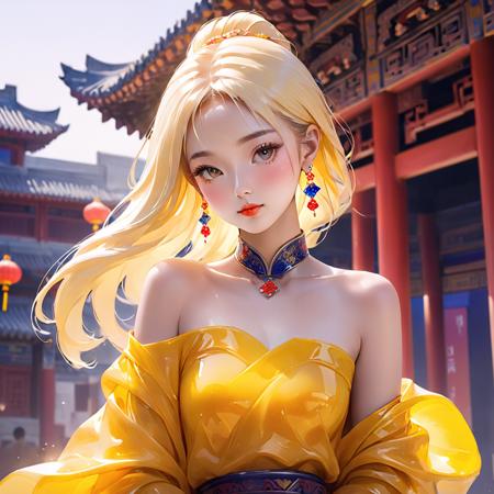 <lora:琉璃少女xl1V10:0.7>,a girl formed of colored glaze,chinese woman,gradient color,1girl,earrings,jewelry,solo,upper body,bare shoulders,makeup,city,east asian architecture,street,yellow hair,yellow clothes,