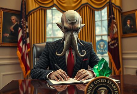 president cthulu in a sharp pin striped suit posing for presidential portrait in the oval office, real photograph, signing bill, empty eyes, lovecraftian, vote for cthulu photorealistic, correct hands, correct fingers, seal of the president of the united states, ad to vote, republican, election, decorative green otherworldly crystal on desk