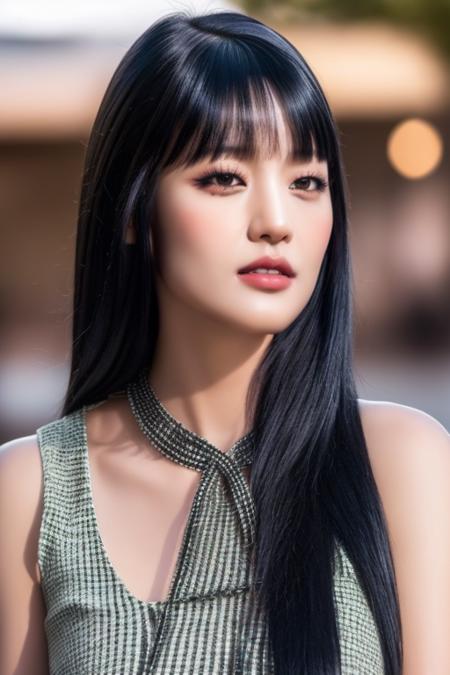 (black long hair:1.2),<lora:gidleMinnieV1:1>,Minnie,(close-up photo:1.2),(pov:1.1),korean, woman,complex 3d render ultra detailed, smile, portrait of beautiful woman, moody portrait, striking features, beauty, intricate details, dramatic composition, tension, contrast, texture, realism, high-quality rendering, stunning art, high quality, film grain, Fujifilm XT3,swirly bokeh,(realistic, photo-realistic:1.2),RAW photo,physically-based rendering,(looking at viewer:1.4),(8k, best quality, masterpiece:1.2),(full body shot:1.1),octane render,extremely detailed CG, unity 8k wallpaper,in street,urban,city,(rim light,studio soft light,sunlight:1.1),standing,(a girl is wearing sleeveless:1.5),hyper realistic detail shiny skin,ultra detailed,(ultra realistic:1.3),(intricate:1.2),(photorealistic:1.2),1girl,(skinny:1.3),detailed background ,(large breasts:1.1),makeup