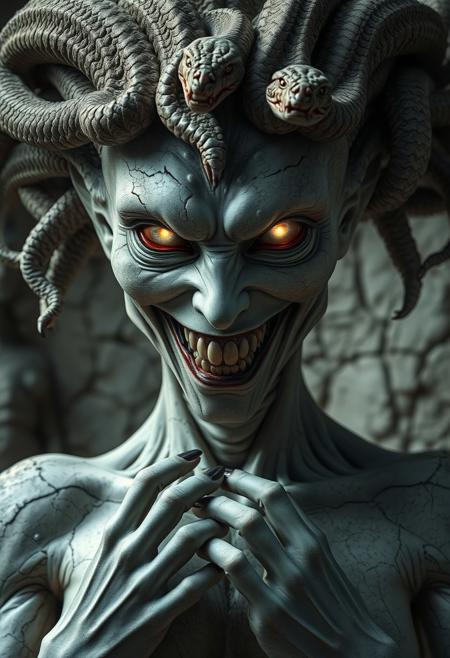sinister, smiling medusa, (glowing eyes:1. 2), full body, pale white cracked skin, dusty white rock face, horror, chiseled, snakes growing out of her head, dramatic, (masterpiece, best quality, high quality), hyperdetailed, highres, intricate detail, HDR, 8k, sharp focus, detailed background, perfect hands, realistic eyes, detailed skin texture, subsurface scattering, realistic, temple, dark, photorealistic,