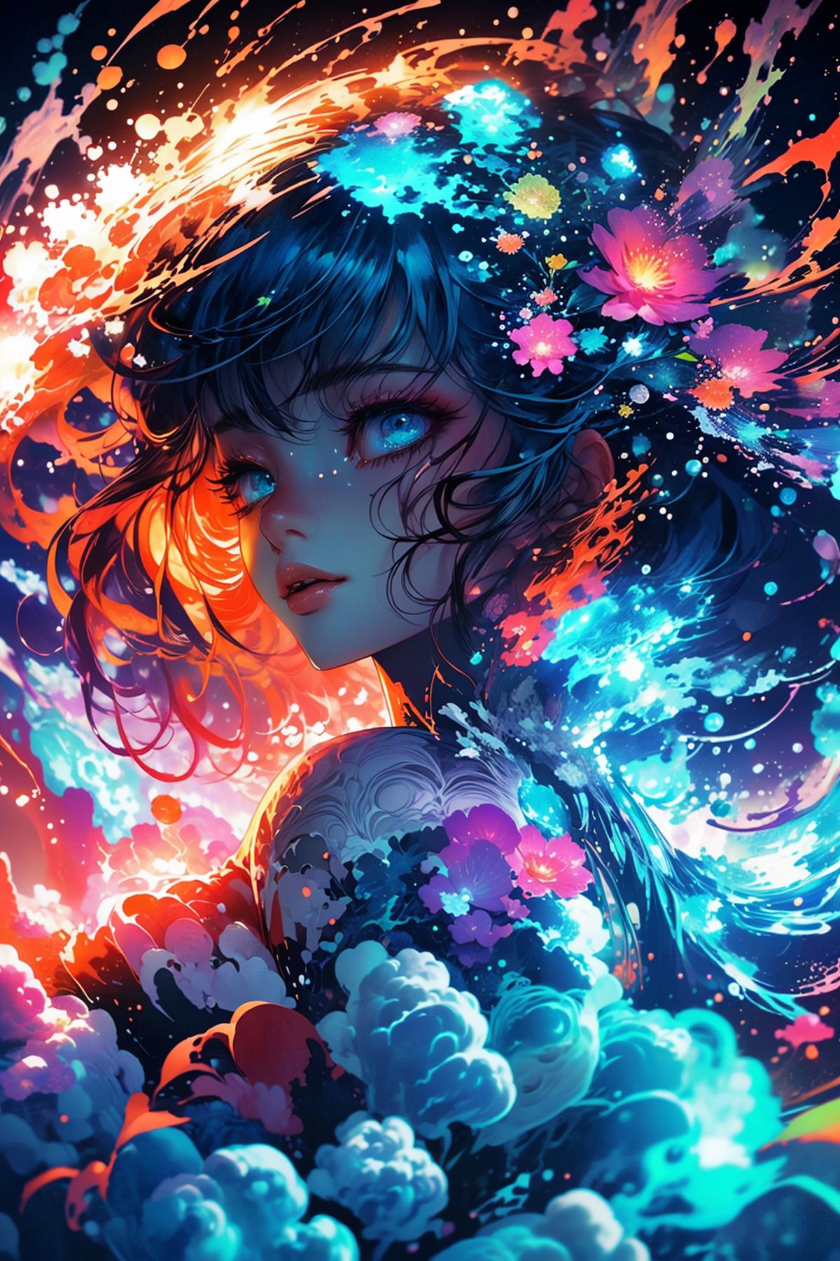Anime-style girl with blue eyes and purple hair, surrounded by colorful flowers and clouds in a fantasy setting.