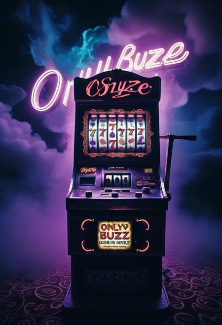 a surreal and vibrant cinematic photo of a dimly lit, smoke-filled casino with a worn, retro-style slot machine at its center, its screen glowing with an eerie, pulsing light, displaying the phrase "OnlyBuzz" in bold, neon-lit, cursive script, accompanied by a haunting, high-contrast image of Death, shrouded in shadows, wielding a worn, wooden scythe, its blade shimmering with an otherworldly energy, amidst a backdrop of swirling, abstract clouds of purple and blue hues, with subtle film grain and lens flares adding a sense of nostalgia and cinematic flair.
