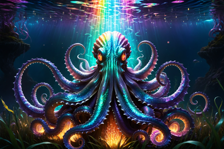 a god, Scylla, sea monster, with multiple heads and tentacles, attacking with tentacles emitting shimmering light writhing, glowing with h4v_h0l0 effects, solo, Elysian Fields with glowing grass, soft light with h4v_h0l0 effects, detailed background, crouching with shimmering light effects, ready to move, majestic with a shimmering light aura, action focus, medium shot, best quality, vibrant colors, photorealistic style, high detail, high-definition, hyper-realistic, extremely high-resolution details, fine texture, incredibly lifelike, realistic, not anime, not drawing, highres, 4K resolution, source photo, realistic photo, masterpiece, best quality, amazing quality, very aesthetic, ultra-detailed, detailed textures, shimmering light reflections, prismatic sheen colors, refracted light spectrum, holographic glow, vibrant and shimmering, close-up shot, <lora:Holography:1>