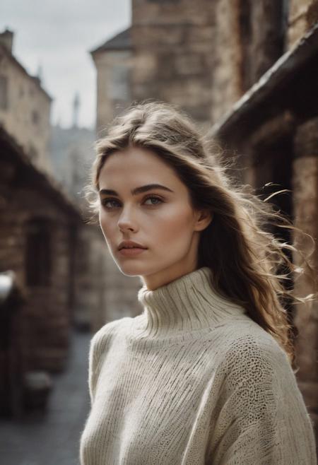 photo of beautiful (B3ll4R0s3_HM-135:0.99), a woman, perfect hair, surprised, (modern photo), wearing turtleneck sweater and maxi skirt, portrait, 85mm, (analog, cinematic, film grain:1.3), (__advancedWildcardsScienceFictionKit_v10/advanced-science-fiction-locations__), detailed eyes, professional pose, painted lips, (epiCPhoto), (looking at viewer:1.1), (cinematic shot:1.3), (natural lighting, lit from above), <lora:add_detail:0.5>