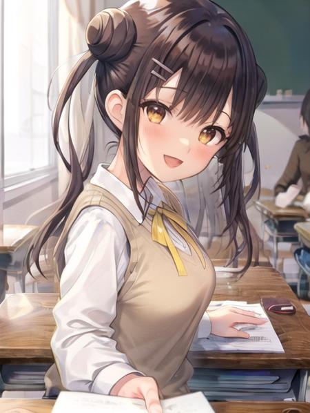 <lora:POVbackClass:0.7> POVbackClass, 1girl, solo, breasts, looking at viewer, blush, smile, open mouth, bangs, brown hair, shirt, red eyes, long sleeves, ribbon, holding, twintails, brown eyes, sitting, school uniform, white shirt, :d, collared shirt, indoors, hair bun, double bun, neck ribbon, chair, short twintails, desk, sweater vest, yellow ribbon, paper, classroom, school desk