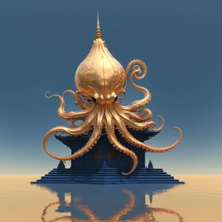 Roger Dean, rosegold, midnight blue, elegant, intricate, viewed from side, golden ratio, viewed from the side, octopus, Pagoda <lora:xl_more_art-full_v1:0.5> <lora:add-detail-xl:0.75>  <lora:MJ52:0.4>