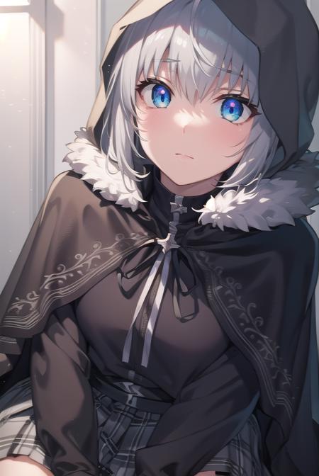 gray, blue eyes, short hair, grey hair, ahoge, black cape, black footwear, black ribbon, black shirt, black thighhighs, cape, grey skirt, hood, hood up, long sleeves, miniskirt, plaid, plaid skirt, pleated skirt, ribbon, shirt, skirt, solo, thighhighs, zettai ryouiki, hair bun, hair ribbon, ribbon, black cape, black footwear, black ribbon, black shirt, black thighhighs, cape, grey skirt, hood, long sleeves, miniskirt, plaid, plaid skirt, pleated skirt, ribbon, shirt, skirt, solo, thighhighs, zettai ryouiki,