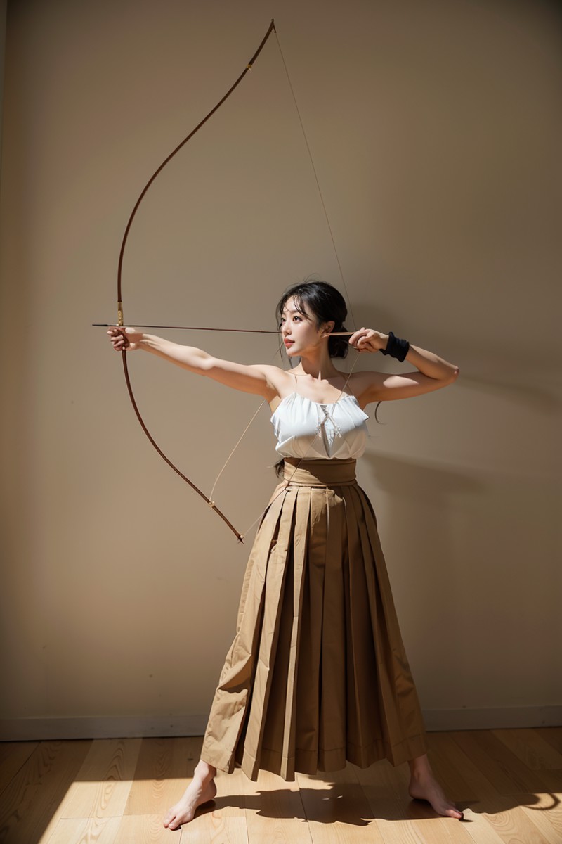 1girl, kyudo, do_kyudo, bow \(weapon\),arrow \(projectile\), drawing bow, 
indoor, full body, outstretched arm,

masterpie...