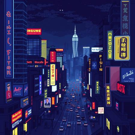 A pixel art rendition of a bustling cityscape at night, with neon signs illuminating the streets.