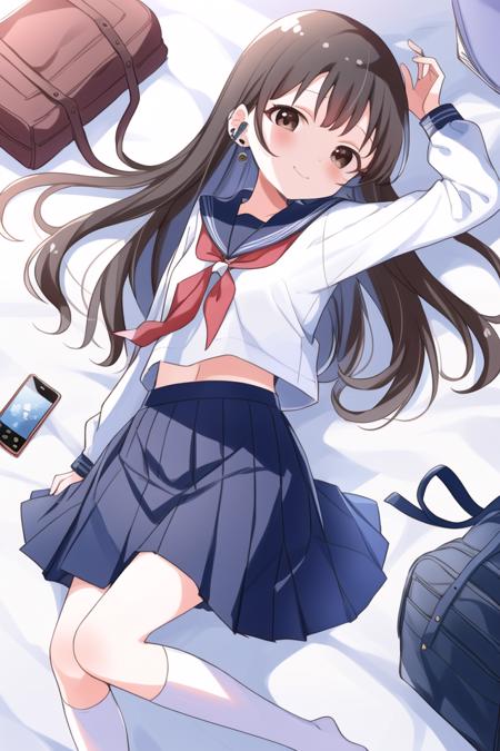 masterpiece, best quality, masterpiece,<lora:Buchi-8:1>, Buchi, 1girl, solo, skirt, school uniform, lying, phone, serafuku, brown eyes, socks, cellphone, earphones, bag, red neckerchief, neckerchief, book, smartphone, pleated skirt, white socks, shirt, white shirt, long hair, long sleeves, on side, sailor collar, looking at viewer, blue skirt, bed sheet, school bag, brown hair, bangs, smile, closed mouth, blush, digital media player, earbuds, arm up, from above, black hair, blue sailor collar, kneehighs, midriff peek, no shoes