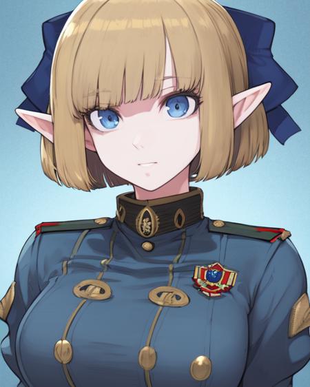 <lora:NaviGaviStyle:0.8>navigavistyle,
(elf girl), solo, (upper body), ((blonde)(medium)(Bob cut) hair),(dark blue eyes), wearing (military uniform, bow)