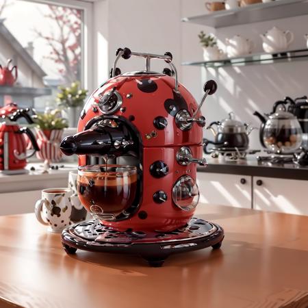 <lora:LadybugAI:1>, LadybugAI coffee machine  red and black