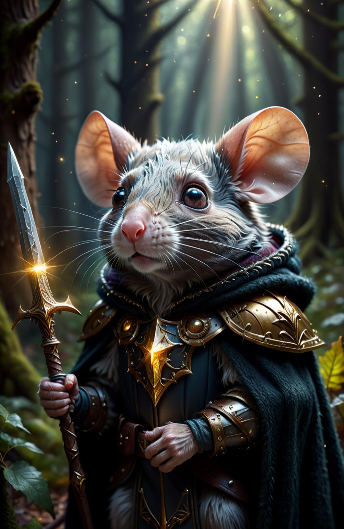 Fantasy Illustration of a Mouse Knight with a Sword and Armor, Wearing a Cape