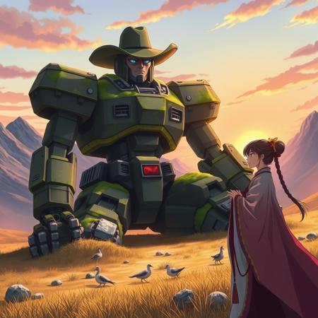 A giant robot cowboy sits in a valley, moss-covered robot. The robot wears a cowboy hat. A beautiful woman in traditional priestess robes stands in the foreground, thoughtful. mountains in background. sunset sky. In the style of anime.